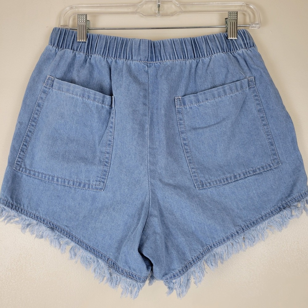 Womens Light Wash Denim Shorts Frayed Raw Hem Elastic Waist Drawstring Size M - Picture 5 of 9
